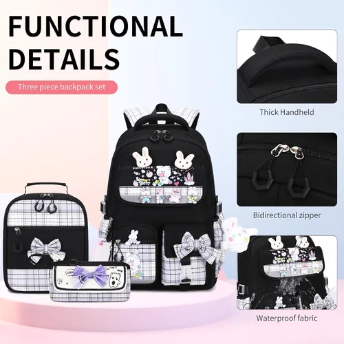 Miniatura 3 de CYOQX Mochila escolar para niñas, 3 piezas, con lonchera, juego de mochila para adolescentes y niñas, linda mochila escolar para niños y niñas