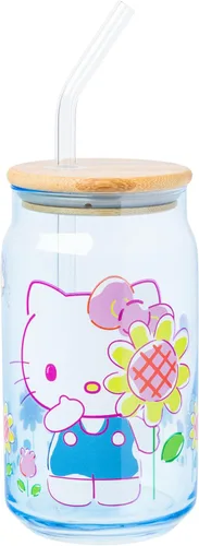 Miniatura 30 de Silver Buffalo Sanrio - Vaso de vidrio rosa con tapa de bambú y sorbete de vidrio de Hello Kitty, 16 onzas Hello Kitty Agitando
