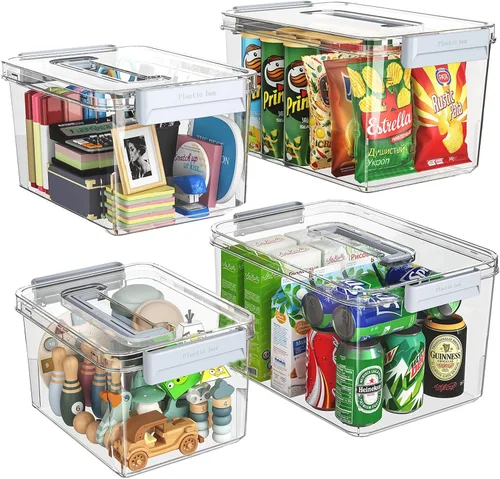 Contenedores de almacenamiento de plástico con tapas, contenedores apilables de organización y almacenamiento para organizar aperitivos,