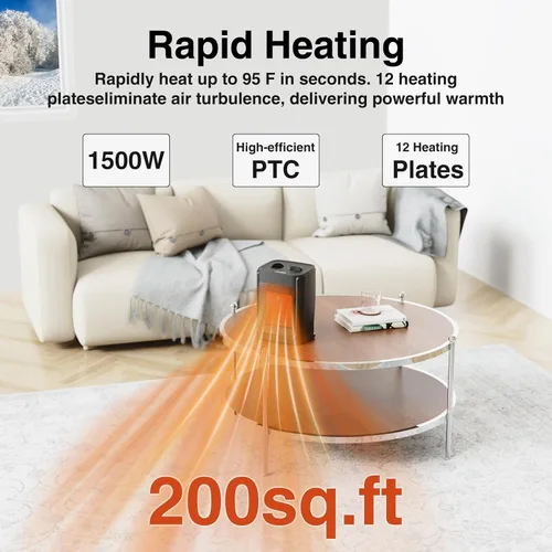 Miniatura 3 de Calentador de espacio portátil eléctrico - JNDRO 1500 W/1000 W, calentador de cerámica mini seguro y silencioso, calienta hasta 200 pies cuadrados