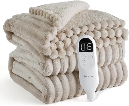 Miniatura 25 de Bedsure Manta eléctrica individual – Manta eléctrica de franela gruesa a rayas, calefacción con 6 ajustes de tiempo (hasta 10 horas), 6 ajustes