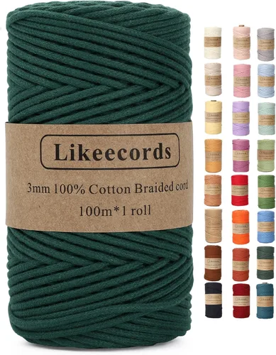 Miniatura 81 de Cordón de Algodón Trenzado 3mm x 109 yardas - Cuerda de Macramé Colorida para Manualidades, Ganchos, Colgantes de Pared - 100% Algodón Natural