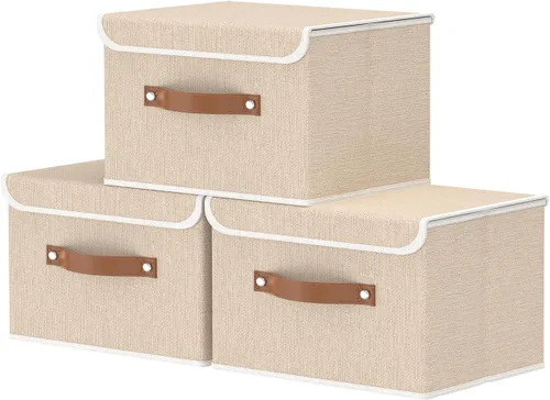 Miniatura 20 de OUTBROS Caja de almacenamiento plegable grande con tapa, organizador de armario de tela de lino, contenedores para toallas, ropa, 15 x 9.8 x 9.8