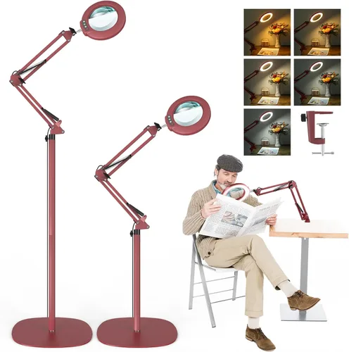 Miniatura 8 de Lupa 12X con luz y soporte, lente de cristal real (no acrílica), 5 modos de color, regulable continuo, lámpara de pie LED 3 en 1, brazo oscilante