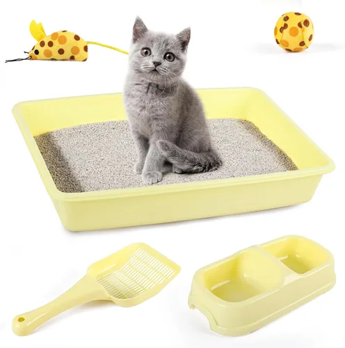 Miniatura 10 de PAWISE Juego de 5 piezas de caja de arena para gatos recién nacidos, bandeja de arena para gatos poco profundos, cuencos de alimentación, kit de Azul