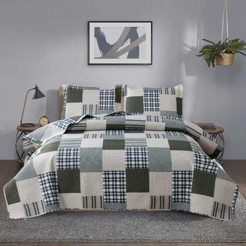 Miniatura 15 de Juego de edredón tamaño Queen, colcha a cuadros, cubrecama Queen, edredones Queen de retazos, ropa de cama para hombres colección a cuadros, colcha