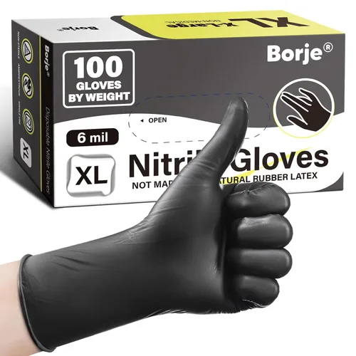 Borje Guantes de nitrilo XL, 100 guantes desechables, negros, sin látex y polvo, 6 mil, examen médico, seguros para alimentos, cocina, mecánicos,