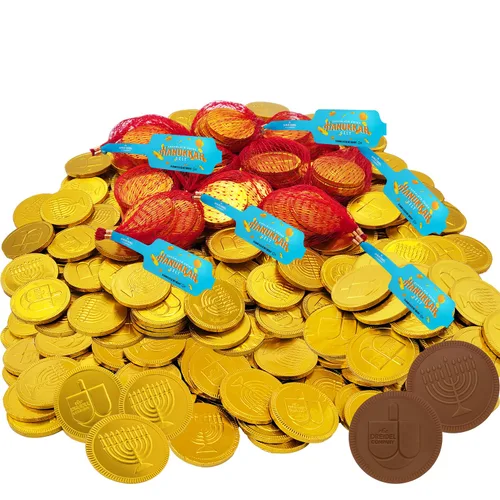 The Dreidel Company Hanukkah Chocolate Gelt, Paquete de 6 Bolsas de Malla, 24 Monedas Totales de Chocolate con Leche, Certificado Kosher Lácteo,