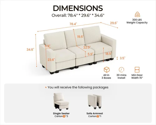 Miniatura 2 de CHIC HOUSE Modular Sectional Sofa with Storage Ottomans, Corduroy Cloud Couch for Small Spaces & Apartments, Reconfigurable L/U Shaped Convertible