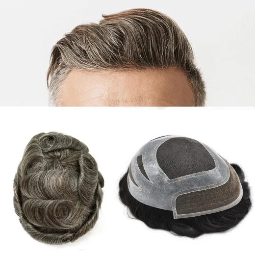 Miniatura 17 de Toupee For Men Human Hair Men's Toupee Hair Replacement System For Men Fine Mono Hair Piece For Men Poly Mens Hair System 8X10 Medium light density