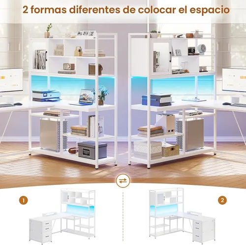 Miniatura 5 de SEDETA Escritorio para computadora en forma de L, escritorio de oficina de 58 pulgadas con 3 cajones y estantería, escritorio esquinero