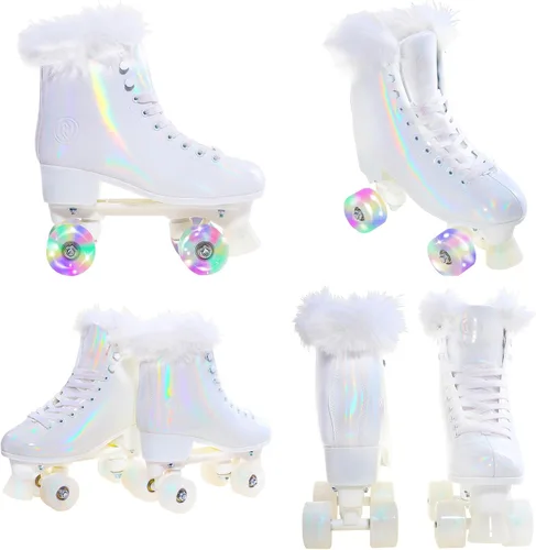 Miniatura 4 de JajaHoho Patines de ruedas para mujer, piel sintética blanca holográfica de alta calidad, patines de doble fila con cuatro ruedas brillantes