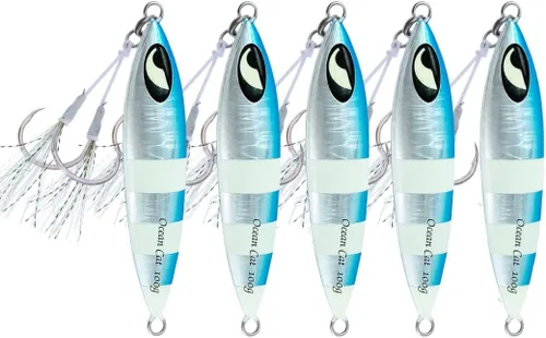 Miniatura 14 de OCEAN CAT Plomo de metal plano de caída lenta pesca señuelos hundimiento vertical cebo de jigging con gancho de mariposa para pesca en agua salada
