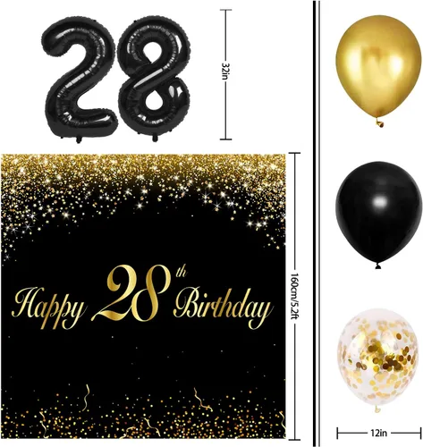 Miniatura 2 de Globos de Feliz 28º Cumpleaños Conjunto Negro Decoración - Brindis por los 28 Años Guirnalda Temática de Fiesta Banner Telón de Fondo Decoraciones