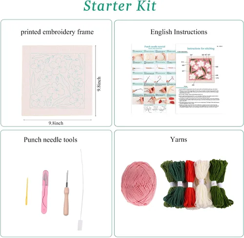 Miniatura 2 de Kit de aguja de perforación para bordado con marco, kits de iniciación al bordado para niños principiantes, tela para aguja de perforación con Rosa