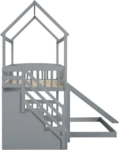Miniatura 7 de Actual Literas de casa con tobogán, litera de madera maciza individual sobre cama individual con escaleras, techo, barandillas, cama alta de madera