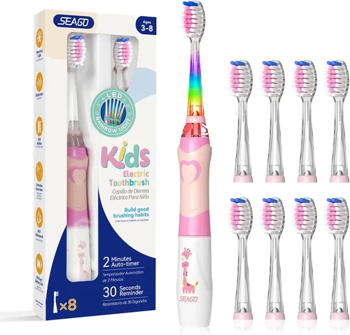 Miniatura 9 de SEAGO Cepillo de dientes eléctrico para niños con temporizador de cepillado de 2 minutos y 8 cabezales de cepillo de repuesto, la luz LED arcoíris