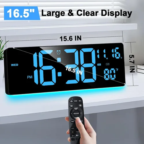 Miniatura 3 de XREXS Reloj de pared digital con pantalla grande, reloj de pared LED de 16.5 pulgadas con 6 luces nocturnas que cambian de color, DST automático
