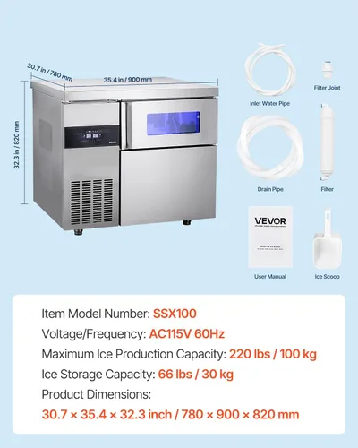 Miniatura 7 de VEVOR Máquina comercial para hacer hielo, máquina de hielo de acero inoxidable de 220 libras/24 horas con encimera, almacenamiento de 66 libras