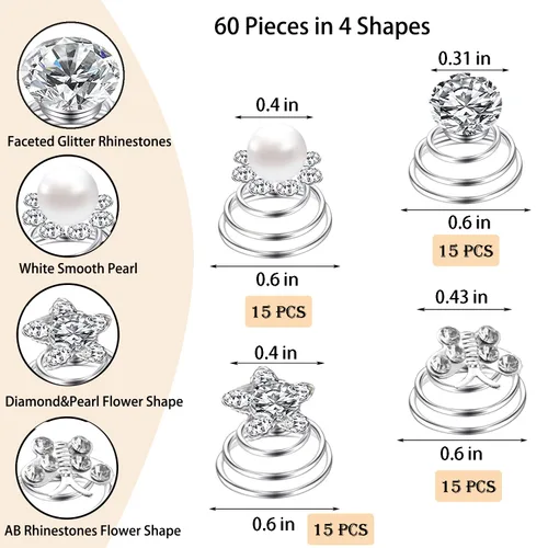 Miniatura 2 de Juego de 60 piezas de gemas con diamantes de imitación giratorios, horquillas para el cabello con diamantes en espiral, perlas y flores, pasadores