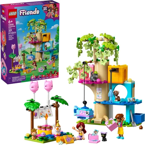 LEGO Friends Cat - Juguete de construcción de casa de árbol y fiesta de cumpleaños – Bloques de construcción de juegos de simulación con juguetes