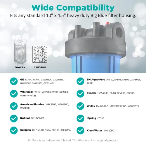 Miniatura 6 de SimPure Cartuchos de filtro de agua para toda la casa, 5 micrones, bloque de carbón activado CTO de 10 x 4.5 pulgadas, para DB10P, DB10C-2, GE