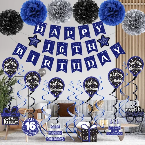 Miniatura 6 de Decoraciones de cumpleaños número 16 para niños y niñas, pancarta azul de feliz cumpleaños número 16, decoración de fiesta de dieciséis cumpleaños