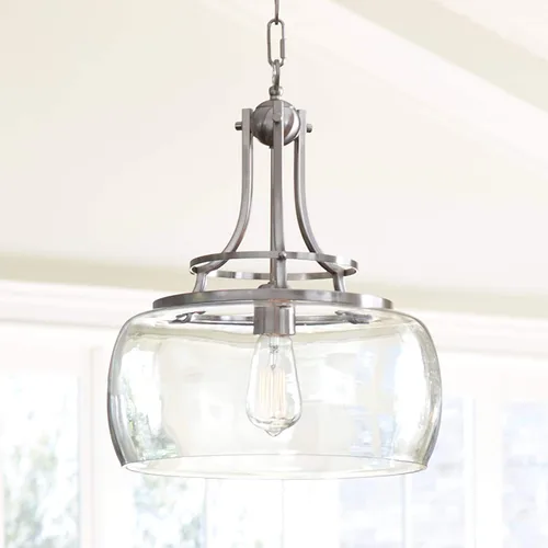 Franklin Iron Works Lámpara Colgante - Charleston Níquel Cepillado, Vidrio Transparente, Lámpara Colgante de Estilo Rústico para Islas de Cocina,