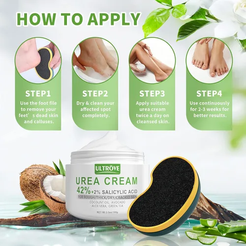 Miniatura 8 de Crema de urea 42% - 2% ácido salicílico hidratante para pies - Quitamanchas y piel muerta, lima reparadora de pies, 3.5 onzas
