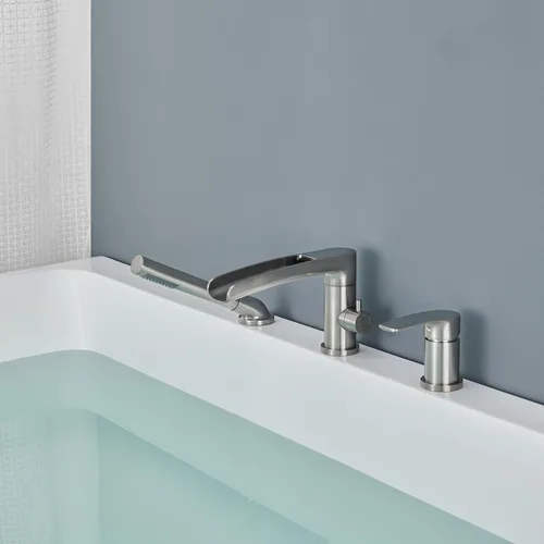 Miniatura 8 de Wowkk Grifo de bañera romana en cascada de níquel cepillado, grifos de baño con ducha de mano
