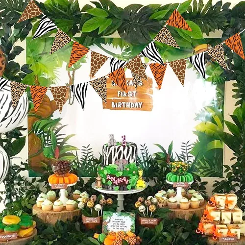 Miniatura 6 de VILIFEVER 2 banderines con estampado de animales, suministros de fiesta temática de selva, decoraciones de fiesta de cumpleaños de safari, cartel