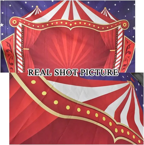 Miniatura 7 de Laeacco Telón de fondo rojo para tienda de campaña de circo de dibujos animados, rayas rojas y blancas, cortina roja de circo, 5 x 3 pies, fondo