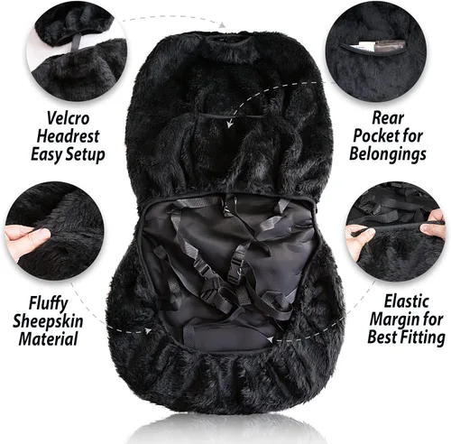 Miniatura 3 de ZONETECH Fundas de Asiento de Piel de Oveja Peludas Fundas de Asiento de Coche de Lana Merino Australiana Negra Accesorios de Auto de Piel Esponjosa