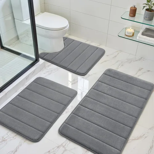 Miniatura 15 de BYSURE Juego de 3 tapetes de baño de espuma viscoelástica color gris, antideslizantes, extra suaves, absorbentes, lavables a máquina y secos
