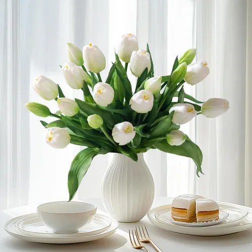 Miniatura 14 de Bailikang 20 piezas de tulipanes artificiales, flores de seda de tulipanes falsos, ramo artificial de PU, flores artificiales de imitación con caja
