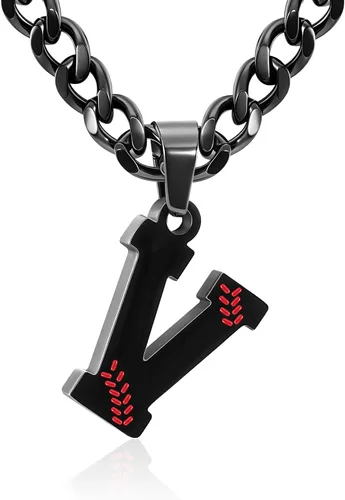 Miniatura 35 de Avotto Collar de béisbol con letra inicial de la A a la Z para niños y hombres, cadena cubana de acero inoxidable resistente que no se decolora