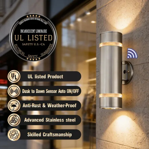 Miniatura 2 de Cerdeco Lámpara de pared cilíndrica de acero inoxidable con sensor de anochecer a amanecer, adecuado para jardín y patio, lámpara de pared moderna