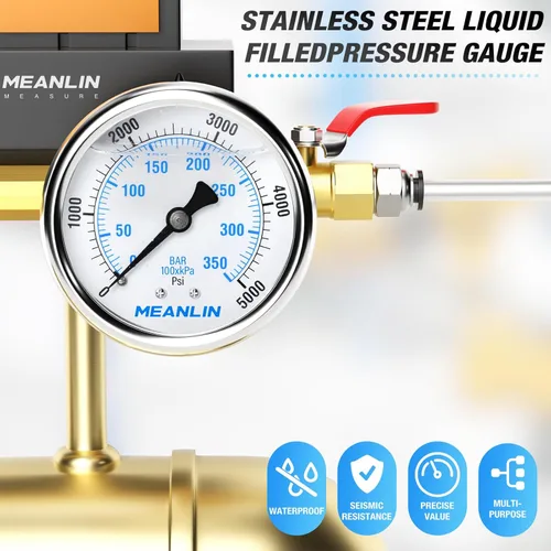 Miniatura 7 de MEANLIN MEASURE Manómetro de presión de acero inoxidable relleno de líquido de 0~5000Psi con rosca NPT de 1/4", carátula de 2.5", WOG Agua Aceite