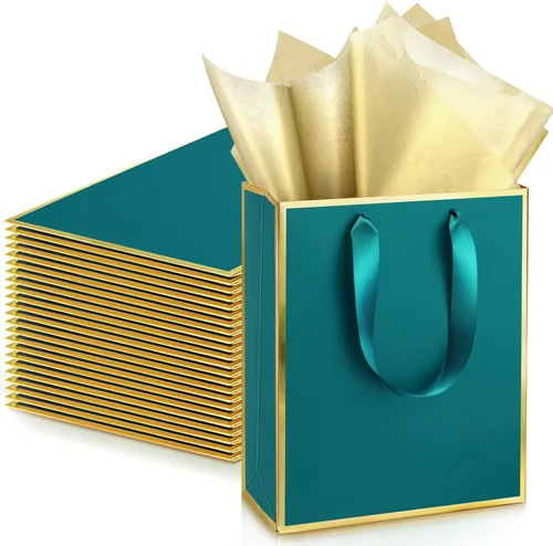 Miniatura 31 de Yeaqee Paquete de 24 bolsas de regalo de papel metálico con asa y papel de seda de 9 x 7 x 3.1 pulgadas, bolsas de favor de bienvenida con papel