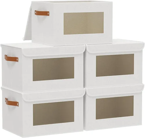 Miniatura 12 de Cesta de almacenamiento de tela con tapa, organizador decorativo de lino para armario, caja de almacenamiento de 15 x 9.8 x 9.8 pulgadas con asas