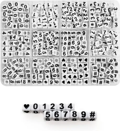 Miniatura 25 de Amaney - 600 cuentas acrílicas blancas de números 0-9, símbolo # corazón con caja de almacenamiento, 0.276 x 0.157 in En caja blanca