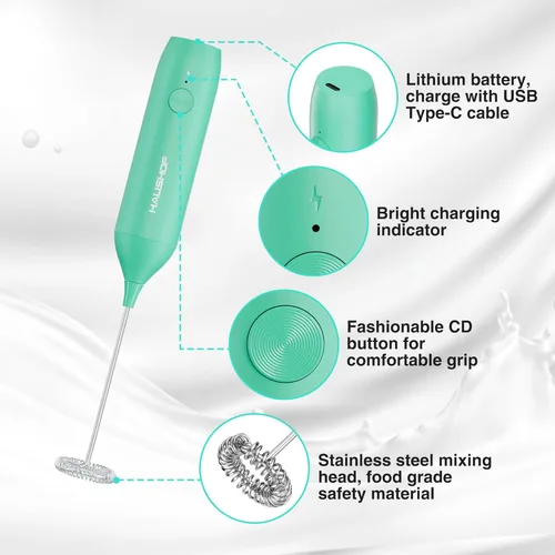 Miniatura 5 de HAUSHOF Potente varita espumadora de leche recargable con soporte, espumador eléctrico de mano, mezclador de bebidas con batidor de acero inoxidable