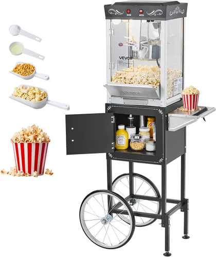 VEVOR Máquina de palomitas de maíz con carrito, hervidor de acero inoxidable de 8 oz, fabricadora comercial de palomitas de 800W, 48 tazas por lote