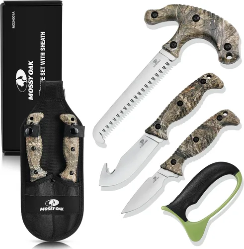 Mossy Oak Kit de Preparación de Campo, juego de 4 cuchillos de caza de camuflaje con funda, desollador de gancho de tripa, cuchillo de capeo, sierra