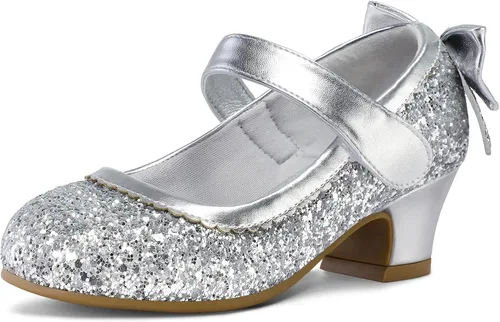Miniatura 12 de K KomForme Zapatos de vestir para niñas con purpurina Mary Jane tipo pump con lazo, tacón bajo para fiestas y bodas, zapatos de princesa