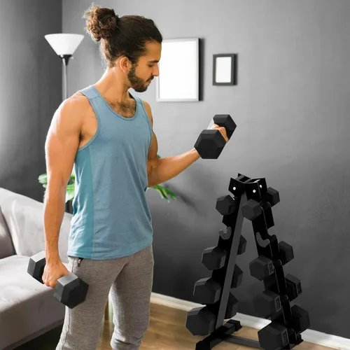 Miniatura 6 de RitFit Juego de mancuernas hexagonales con revestimiento de goma de 5 a 780 libras con estante para gimnasio en casa, entrenamiento de fuerza