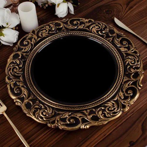 Miniatura 6 de Efavormart juego de 6 platos de plástico redondos de 35.56 cm, negro/dorado con diseño barroco grabado en el borde para eventos de boda y fiesta