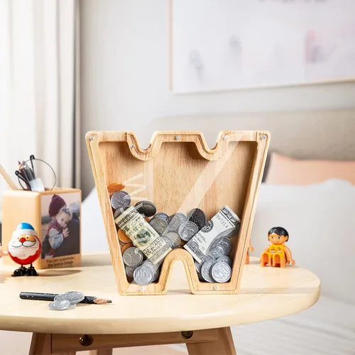Miniatura 4 de Wooden Piggy Bank Personalized 26 English Alphabet Letter Coin Bank Custom Money Box Wooden Piggy Bank Gift for Kids Christmas Birthday Gift Home