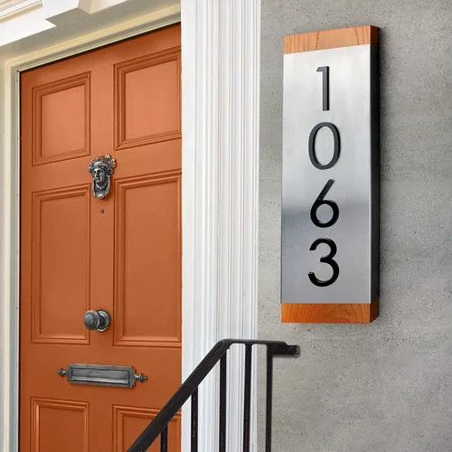 Miniatura 6 de Bsign Letrero de números de casa de acero, placa de dirección de madera, letreros de casa para exteriores