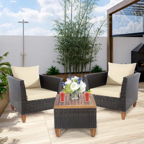 Miniatura 2 de COSTWAY Juego de muebles de ratán para patio, 3 piezas, sillas de conversación de ratán para exteriores con cojines suaves y mesa de madera de Beige